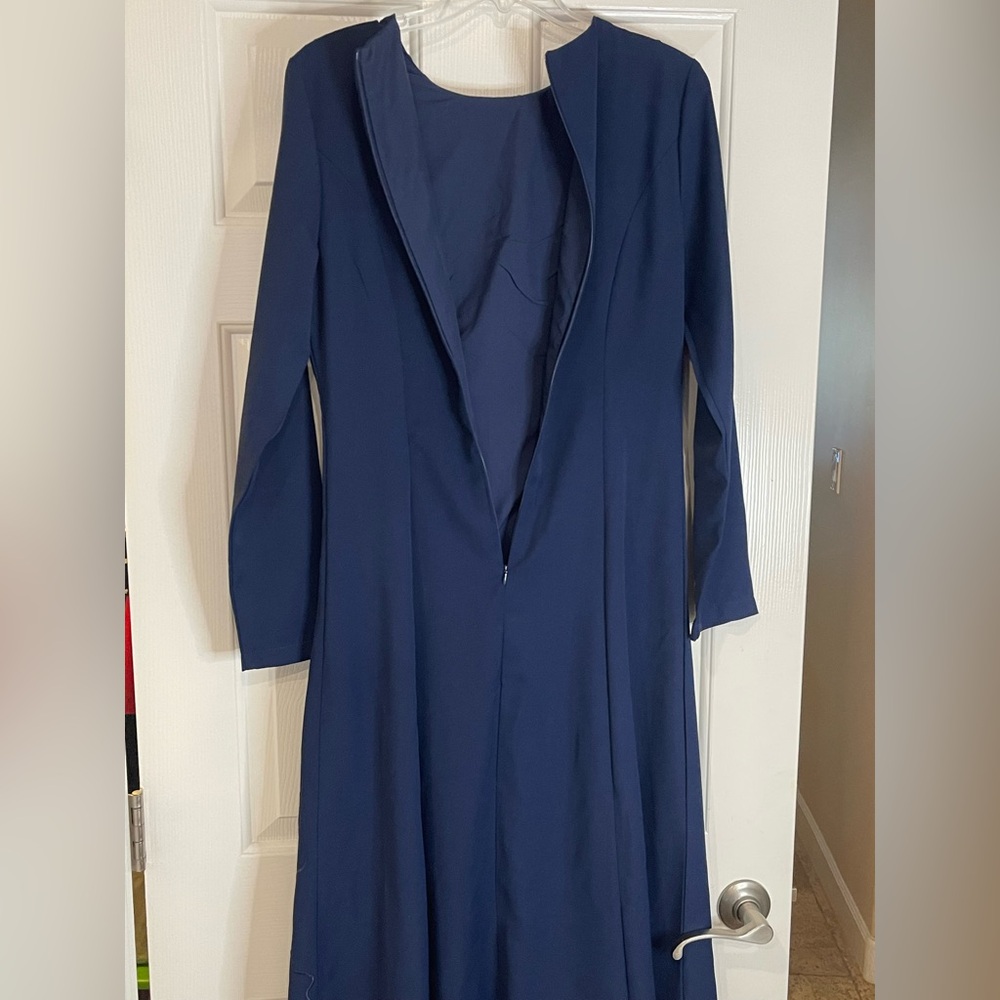 Women’s Navy Long Sleeve 3-D Floral Appliqué Tea Length Dress M 8/10 - Picture 6 of 13